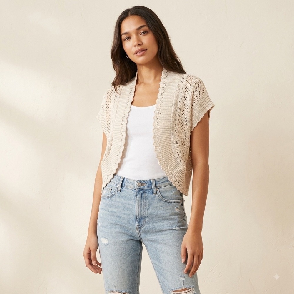 Amanda Lane Womens Small Cream Crochet Shrug Open Cardigan Short Sleeve Boho Y2K